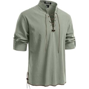 JEMITOP Men’s Pure Cotton Retro Lace Up Shirts for Renaissance Pirate Medieval Viking(Sage Green)