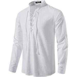 JEMITOP Men’s Pure Cotton Retro Lace Up Shirts for Renaissance Pirate Medieval Viking(White)