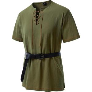 JEMITOP Men’s Pure Cotton Retro Short Sleeves Lace Up Shirts for Casual Renaissance Pirate Medieval Viking Without Belt(Army Green)