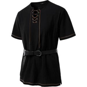 JEMITOP Men’s Pure Cotton Retro Short Sleeves Lace Up Shirts for Casual Renaissance Pirate Medieval Viking Without Belt(Black)