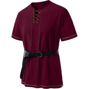 JEMITOP Men’s Pure Cotton Retro Short Sleeves Lace Up Shirts for Casual Renaissance Pirate Medieval Viking Without Belt(Burgundy)