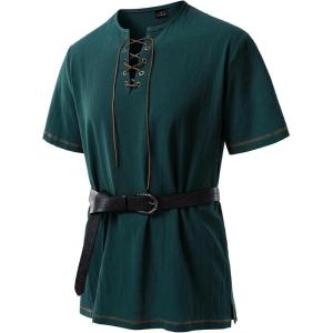 JEMITOP Men’s Pure Cotton Retro Short Sleeves Lace Up Shirts for Casual Renaissance Pirate Medieval Viking Without Belt(Dark Green)