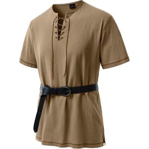 JEMITOP Men’s Pure Cotton Retro Short Sleeves Lace Up Shirts for Casual Renaissance Pirate Medieval Viking Without Belt(Dark Khaki)