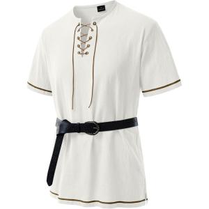 JEMITOP Men’s Pure Cotton Retro Short Sleeves Lace Up Shirts for Casual Renaissance Pirate Medieval Viking Without Belt(Ivory White)