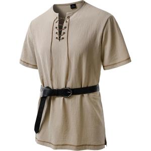 JEMITOP Men’s Pure Cotton Retro Short Sleeves Lace Up Shirts for Casual Renaissance Pirate Medieval Viking Without Belt(Khaki)