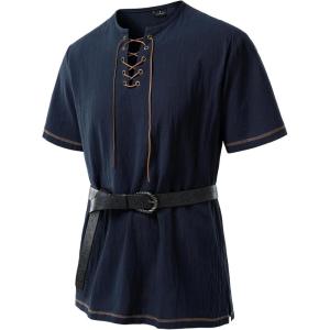 JEMITOP Men’s Pure Cotton Retro Short Sleeves Lace Up Shirts for Casual Renaissance Pirate Medieval Viking Without Belt(Navy Blue)