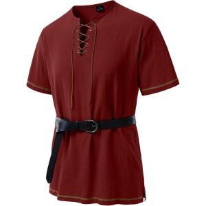 JEMITOP Men’s Pure Cotton Retro Short Sleeves Lace Up Shirts for Casual Renaissance Pirate Medieval Viking Without Belt(Rust Red)