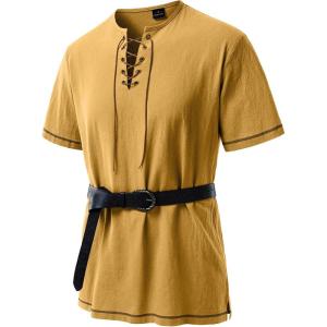 JEMITOP Men’s Pure Cotton Retro Short Sleeves Lace Up Shirts for Casual Renaissance Pirate Medieval Viking Without Belt(Yellow)