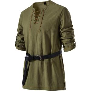 JEMITOP Men’s Pure Cotton Vintage Lace Up Shirts for Pirate Renaissance Viking Medieval Costume Without Belt(Army Green)