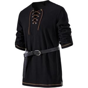 JEMITOP Men’s Pure Cotton Vintage Lace Up Shirts for Pirate Renaissance Viking Medieval Costume Without Belt(Black)