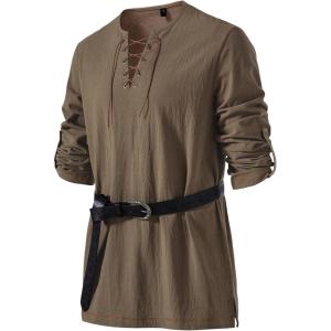 JEMITOP Men’s Pure Cotton Vintage Lace Up Shirts for Pirate Renaissance Viking Medieval Costume Without Belt(Coffee)