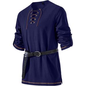 JEMITOP Men’s Pure Cotton Vintage Lace Up Shirts for Pirate Renaissance Viking Medieval Costume Without Belt(Dark Blue)