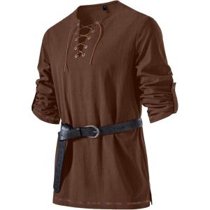 JEMITOP Men’s Pure Cotton Vintage Lace Up Shirts for Pirate Renaissance Viking Medieval Costume Without Belt(Dark Brown)