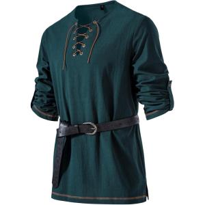 JEMITOP Men’s Pure Cotton Vintage Lace Up Shirts for Pirate Renaissance Viking Medieval Costume Without Belt(Dark Green)