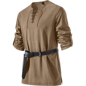 JEMITOP Men’s Pure Cotton Vintage Lace Up Shirts for Pirate Renaissance Viking Medieval Costume Without Belt(Dark Khaki)