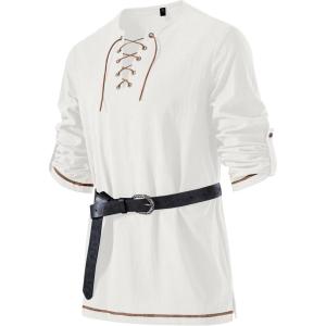 JEMITOP Men’s Pure Cotton Vintage Lace Up Shirts for Pirate Renaissance Viking Medieval Costume Without Belt(Ivory White)