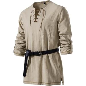 JEMITOP Men’s Pure Cotton Vintage Lace Up Shirts for Pirate Renaissance Viking Medieval Costume Without Belt(Khaki)