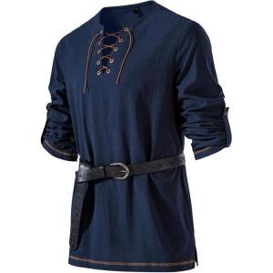 JEMITOP Men’s Pure Cotton Vintage Lace Up Shirts for Pirate Renaissance Viking Medieval Costume Without Belt(Navy Blue)