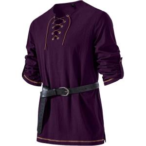 JEMITOP Men’s Pure Cotton Vintage Lace Up Shirts for Pirate Renaissance Viking Medieval Costume Without Belt(Purple)
