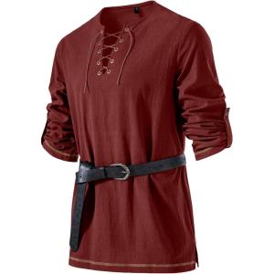 JEMITOP Men’s Pure Cotton Vintage Lace Up Shirts for Pirate Renaissance Viking Medieval Costume Without Belt(Rust Red)