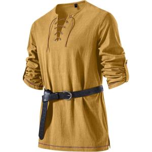 JEMITOP Men’s Pure Cotton Vintage Lace Up Shirts for Pirate Renaissance Viking Medieval Costume Without Belt(Yellow)