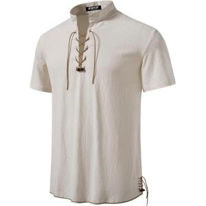JEMITOP Men’s Pure Cotton Vintage Short Sleeve Lace Up Shirts for Renaissance Pirate Viking Medieval Costume(Beige)