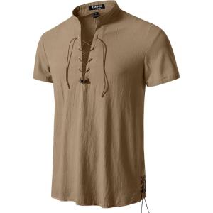 JEMITOP Men’s Pure Cotton Vintage Short Sleeve Lace Up Shirts for Renaissance Pirate Viking Medieval Costume(Dark Khaki)