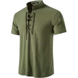 JEMITOP Men’s Pure Cotton Vintage Short Sleeve Lace Up Shirts for Renaissance Pirate Viking Medieval Costume(Solid Army Green)