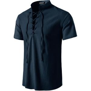 JEMITOP Men’s Pure Cotton Vintage Short Sleeve Lace Up Shirts for Renaissance Pirate Viking Medieval Costume(Solid Navy Blue)