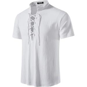 JEMITOP Men’s Pure Cotton Vintage Short Sleeve Lace Up Shirts for Renaissance Pirate Viking Medieval Costume(Solid White)