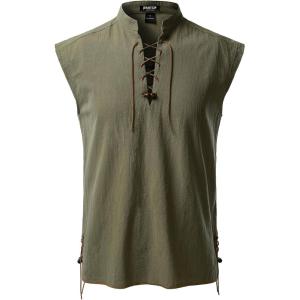 JEMITOP Men’s Retro Pure Cotton Lace Up Sleeveless Shirts for Pirate Renaissance Medieval Viking Costume(Army Green)
