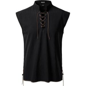 JEMITOP Men’s Retro Pure Cotton Lace Up Sleeveless Shirts for Pirate Renaissance Medieval Viking Costume(Black)
