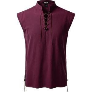 JEMITOP Men’s Retro Pure Cotton Lace Up Sleeveless Shirts for Pirate Renaissance Medieval Viking Costume(Burgundy)