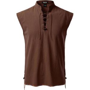 JEMITOP Men’s Retro Pure Cotton Lace Up Sleeveless Shirts for Pirate Renaissance Medieval Viking Costume(Coffee)