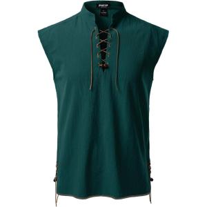 JEMITOP Men’s Retro Pure Cotton Lace Up Sleeveless Shirts for Pirate Renaissance Medieval Viking Costume(Dark Green)
