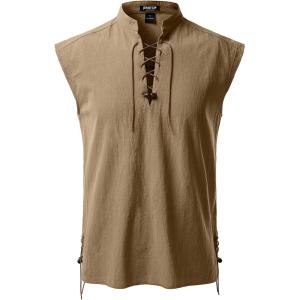 JEMITOP Men’s Retro Pure Cotton Lace Up Sleeveless Shirts for Pirate Renaissance Medieval Viking Costume(Dark Khaki)