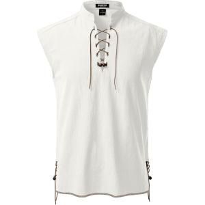 JEMITOP Men’s Retro Pure Cotton Lace Up Sleeveless Shirts for Pirate Renaissance Medieval Viking Costume(Ivory White)