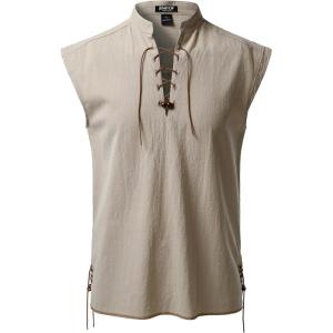 JEMITOP Men’s Retro Pure Cotton Lace Up Sleeveless Shirts for Pirate Renaissance Medieval Viking Costume(Khaki)