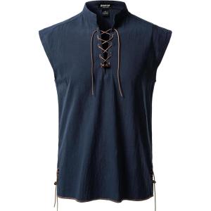 JEMITOP Men’s Retro Pure Cotton Lace Up Sleeveless Shirts for Pirate Renaissance Medieval Viking Costume(Navy Blue)