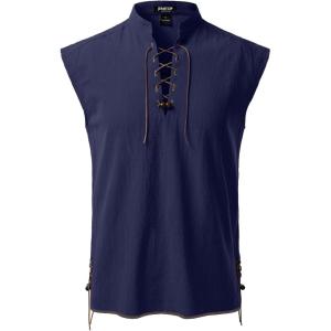 JEMITOP Men’s Retro Pure Cotton Lace Up Sleeveless Shirts for Pirate Renaissance Medieval Viking Costume(Retro Navy Blue)