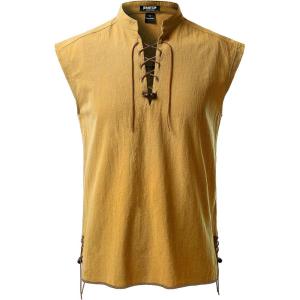 JEMITOP Men’s Retro Pure Cotton Lace Up Sleeveless Shirts for Pirate Renaissance Medieval Viking Costume(Yellow)