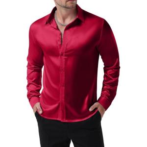 JEMITOP Mens Shiny Luxury Satin Slim Fit Dress Shirts Silk-Like Glossy Long Sleeve Button Down Shirts for Wedding Party Prom(Burgundy)
