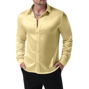 JEMITOP Mens Shiny Luxury Satin Slim Fit Dress Shirts Silk-Like Glossy Long Sleeve Button Down Shirts for Wedding Party Prom(Champagne)