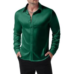 JEMITOP Mens Shiny Luxury Satin Slim Fit Dress Shirts Silk-Like Glossy Long Sleeve Button Down Shirts for Wedding Party Prom(Dark Green)