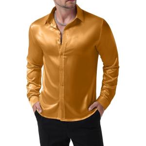 JEMITOP Mens Shiny Luxury Satin Slim Fit Dress Shirts Silk-Like Glossy Long Sleeve Button Down Shirts for Wedding Party Prom(Gold)