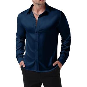 JEMITOP Mens Shiny Luxury Satin Slim Fit Dress Shirts Silk-Like Glossy Long Sleeve Button Down Shirts for Wedding Party Prom(Navy Blue)