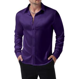JEMITOP Mens Shiny Luxury Satin Slim Fit Dress Shirts Silk-Like Glossy Long Sleeve Button Down Shirts for Wedding Party Prom(Purple)