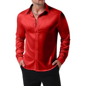 JEMITOP Mens Shiny Luxury Satin Slim Fit Dress Shirts Silk-Like Glossy Long Sleeve Button Down Shirts for Wedding Party Prom(Red)