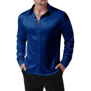 JEMITOP Mens Shiny Luxury Satin Slim Fit Dress Shirts Silk-Like Glossy Long Sleeve Button Down Shirts for Wedding Party Prom(Royal Blue)