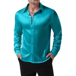JEMITOP Mens Shiny Luxury Satin Slim Fit Dress Shirts Silk-Like Glossy Long Sleeve Button Down Shirts for Wedding Party Prom(Teal)